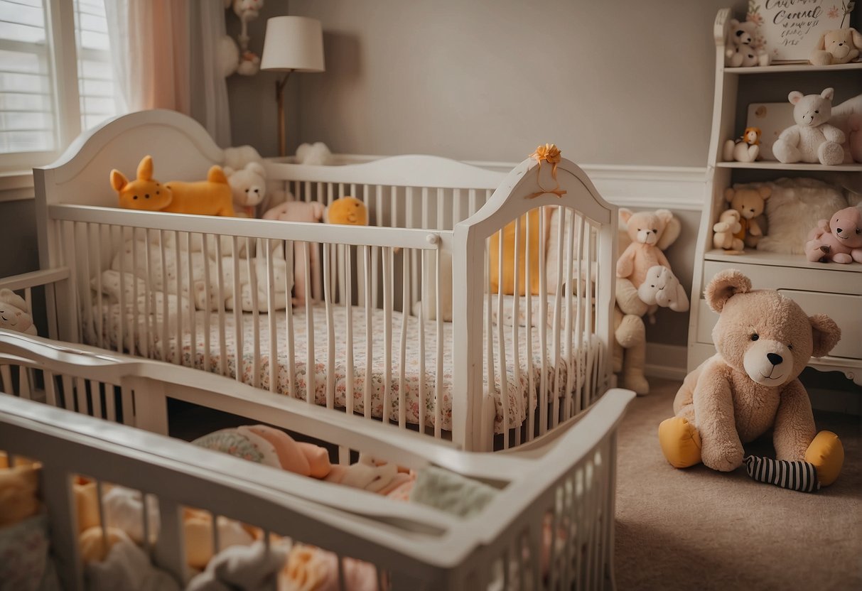 A nursery with various types of cribs displayed, including traditional, convertible, and portable models. Each crib is adorned with soft bedding and surrounded by colorful toys and mobiles