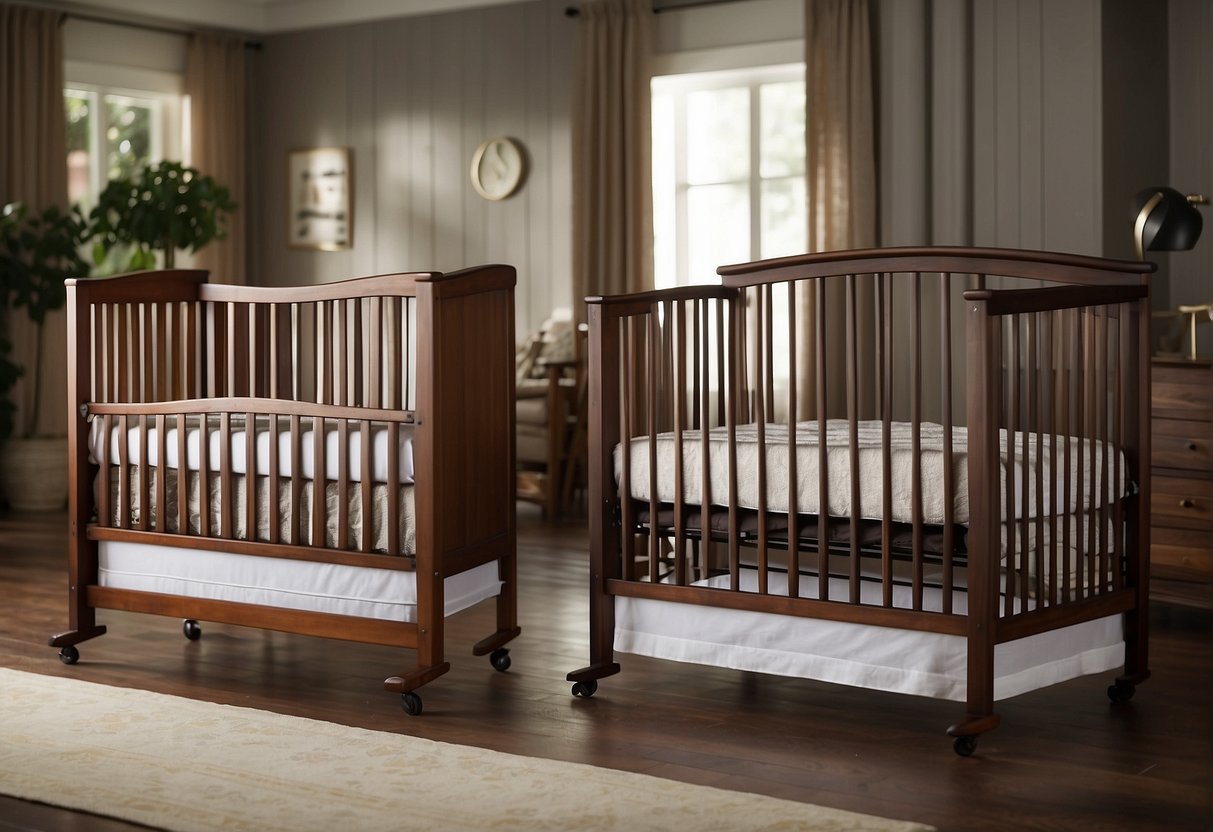 A variety of cribs are displayed, including wooden, metal, and convertible types, with different styles and finishes