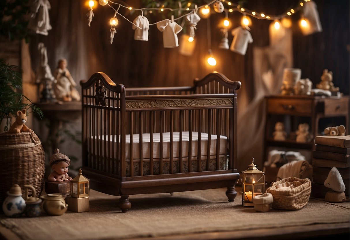 A historical crib surrounded by symbols of cultural significance, showcasing its evolution and importance in the history of baby care
