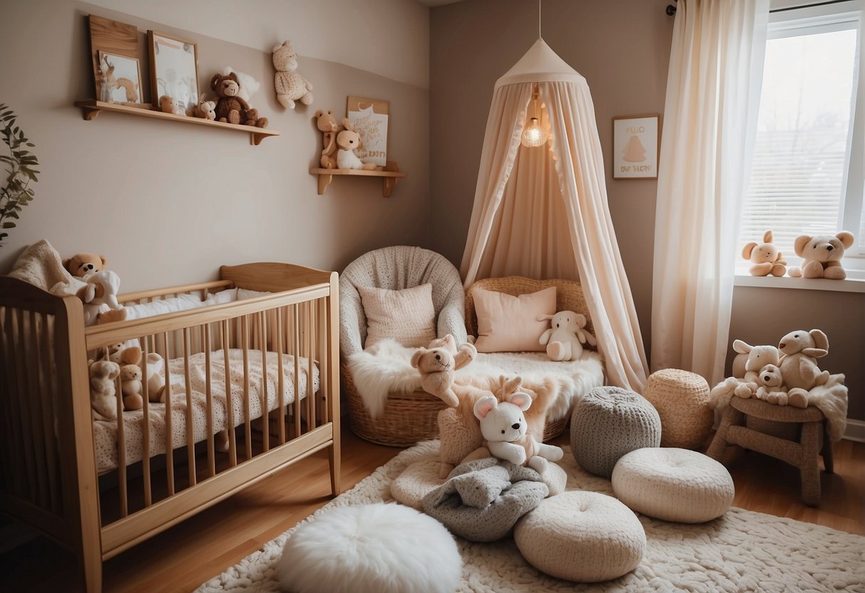 A bassinet, crib, and cradle are arranged in a cozy nursery. Soft blankets and toys are scattered around, creating a warm and inviting atmosphere