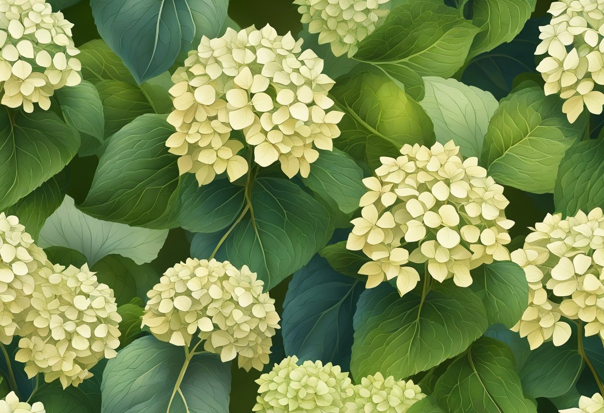 Healthy hydrangeas wilting, turning brown. Sunlight filters through the leaves, casting shadows on the dying flowers