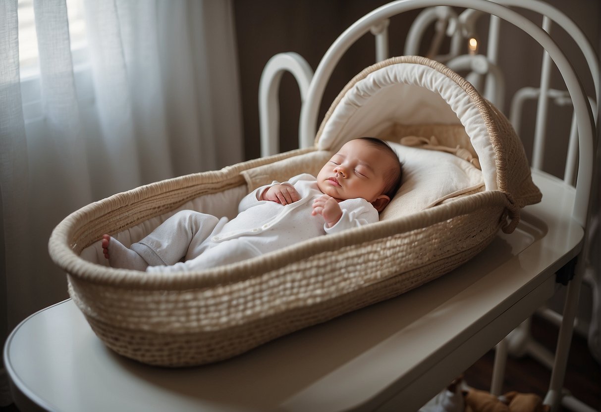 A baby peacefully sleeps in a bassinet next to a crib and cradle, showcasing the differences in size and design