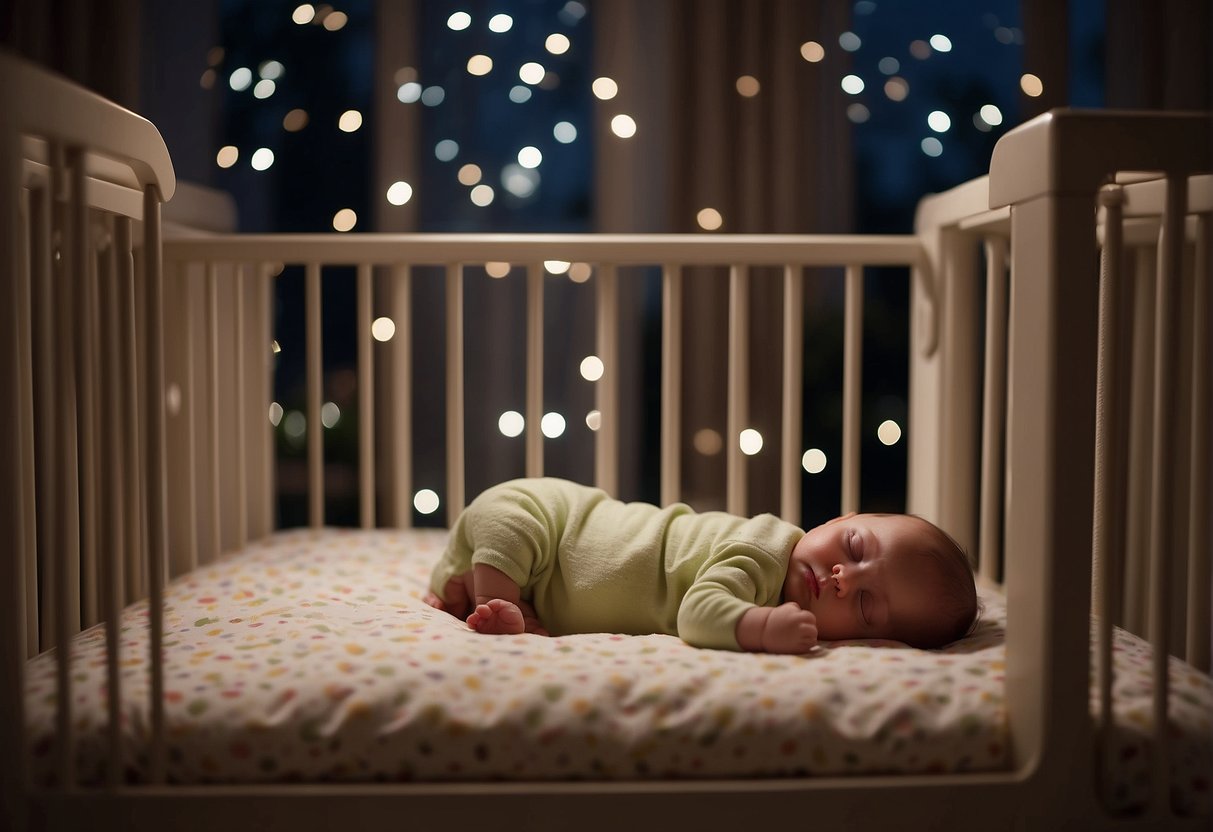 A baby peacefully sleeps in a secure crib, surrounded by soft bedding and a protective railing. The room is dimly lit, creating a calming atmosphere