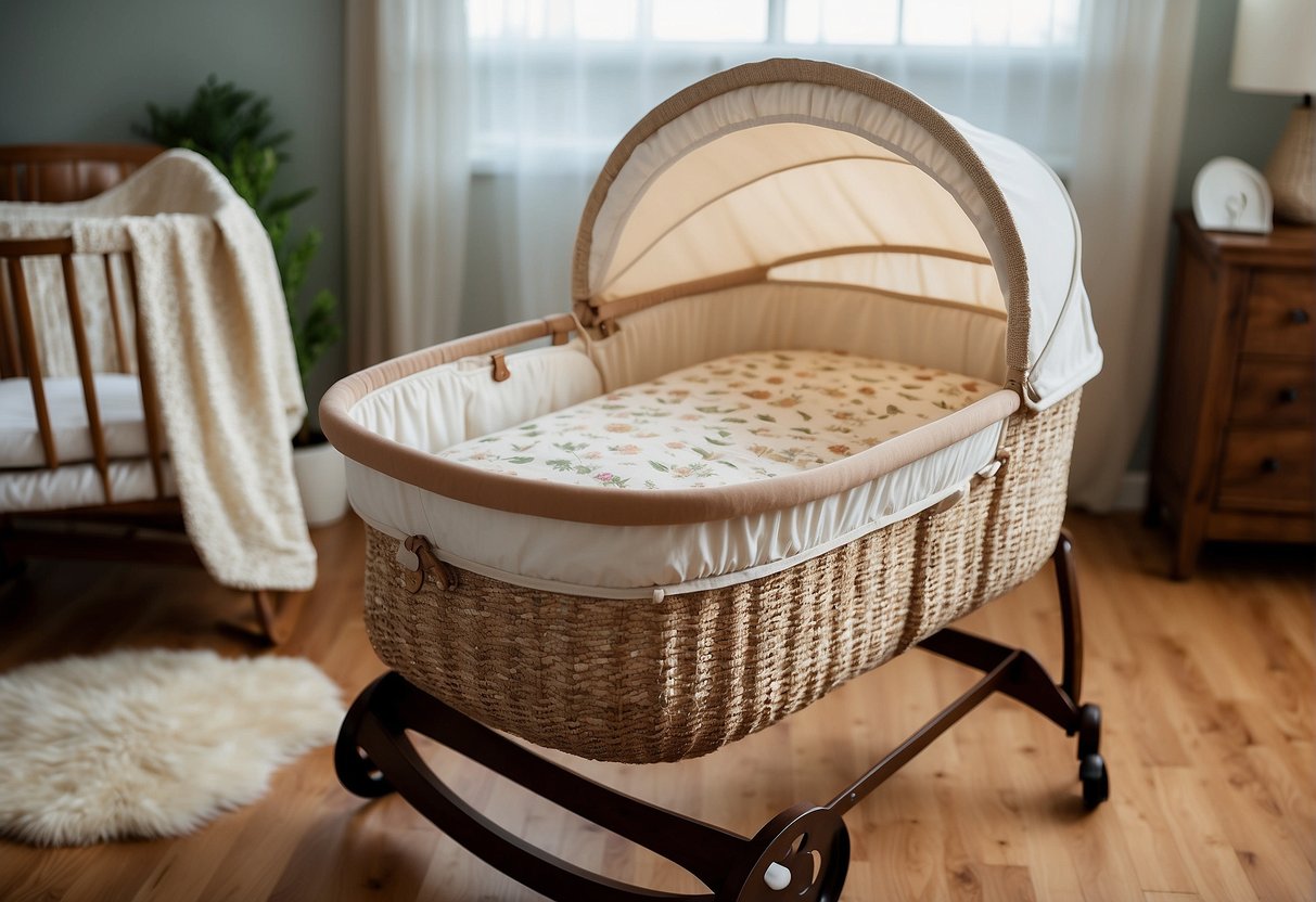 A bassinet, crib, and cradle sit side by side, showcasing their varying sizes and designs. The bassinet is small and cozy, the crib is larger and more sturdy, and the cradle has a gentle rocking motion