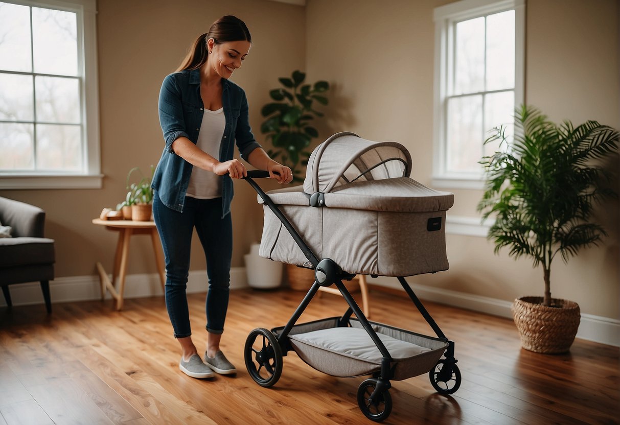 A parent effortlessly carries a portable bassinet while a stationary crib and cradle sit nearby, highlighting the convenience and versatility of each option