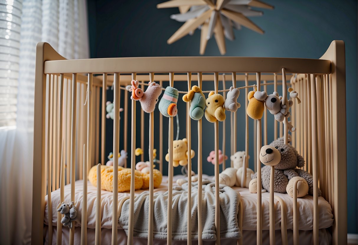 A crib with vertical bars or slats, surrounded by soft toys and a mobile hanging above