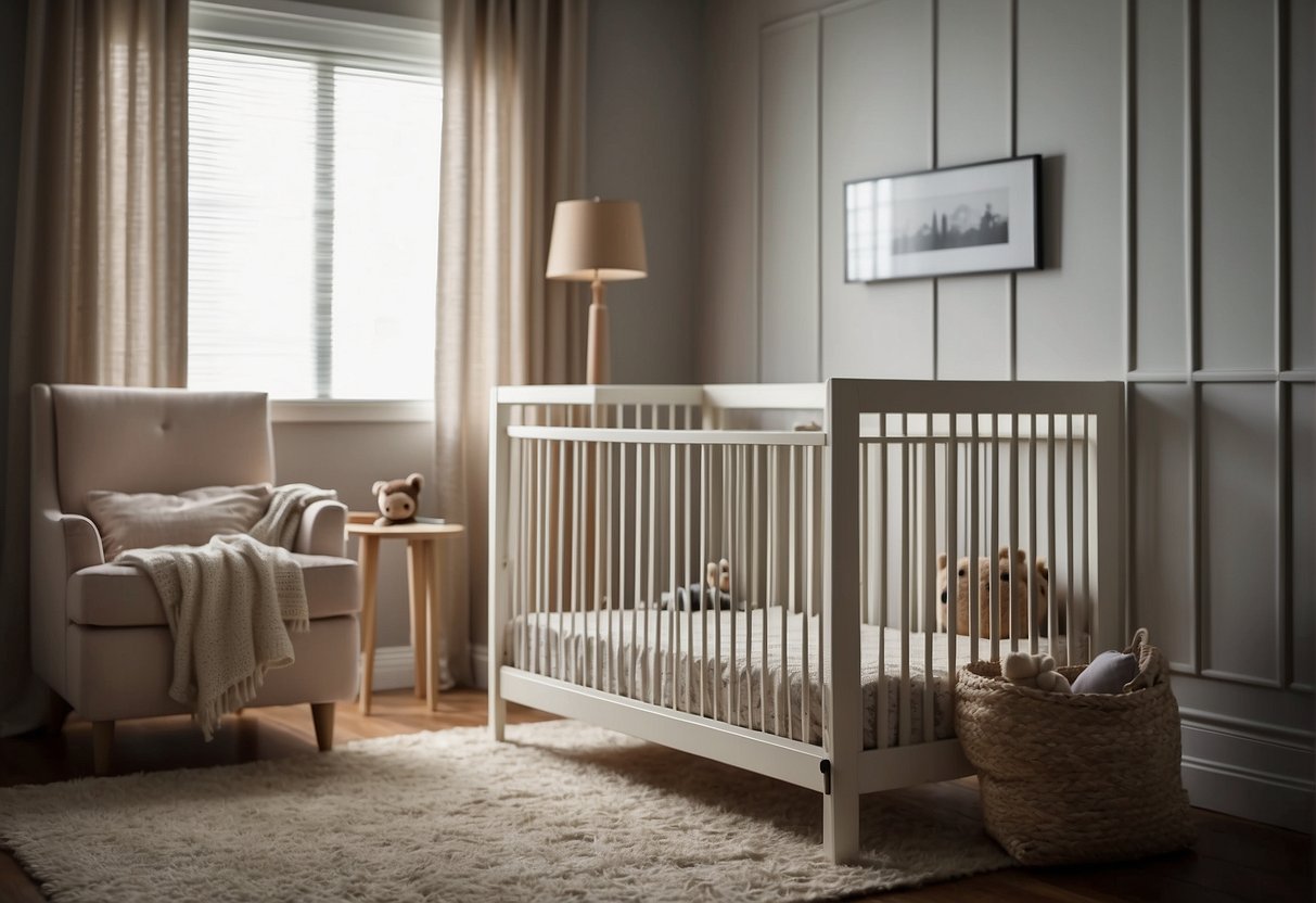 A crib with evenly spaced vertical bars, a mattress, and a mobile hanging above. No blankets, toys, or pillows inside for safety