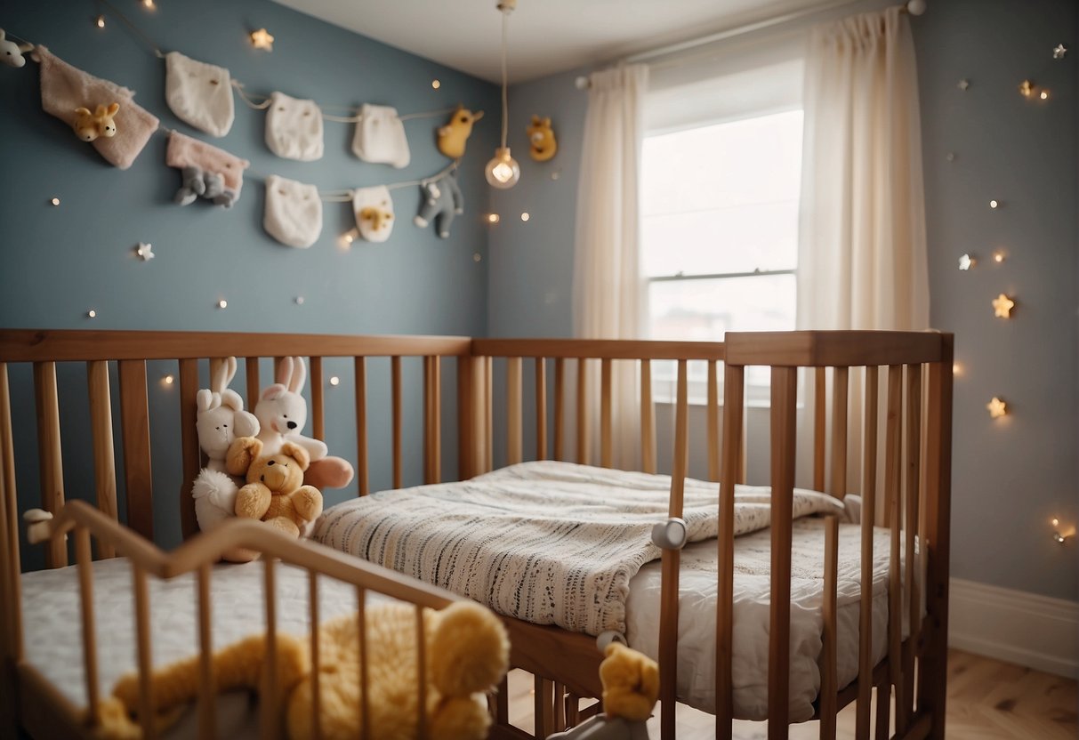 A crib with evenly spaced vertical bars, surrounded by toys and a mobile
