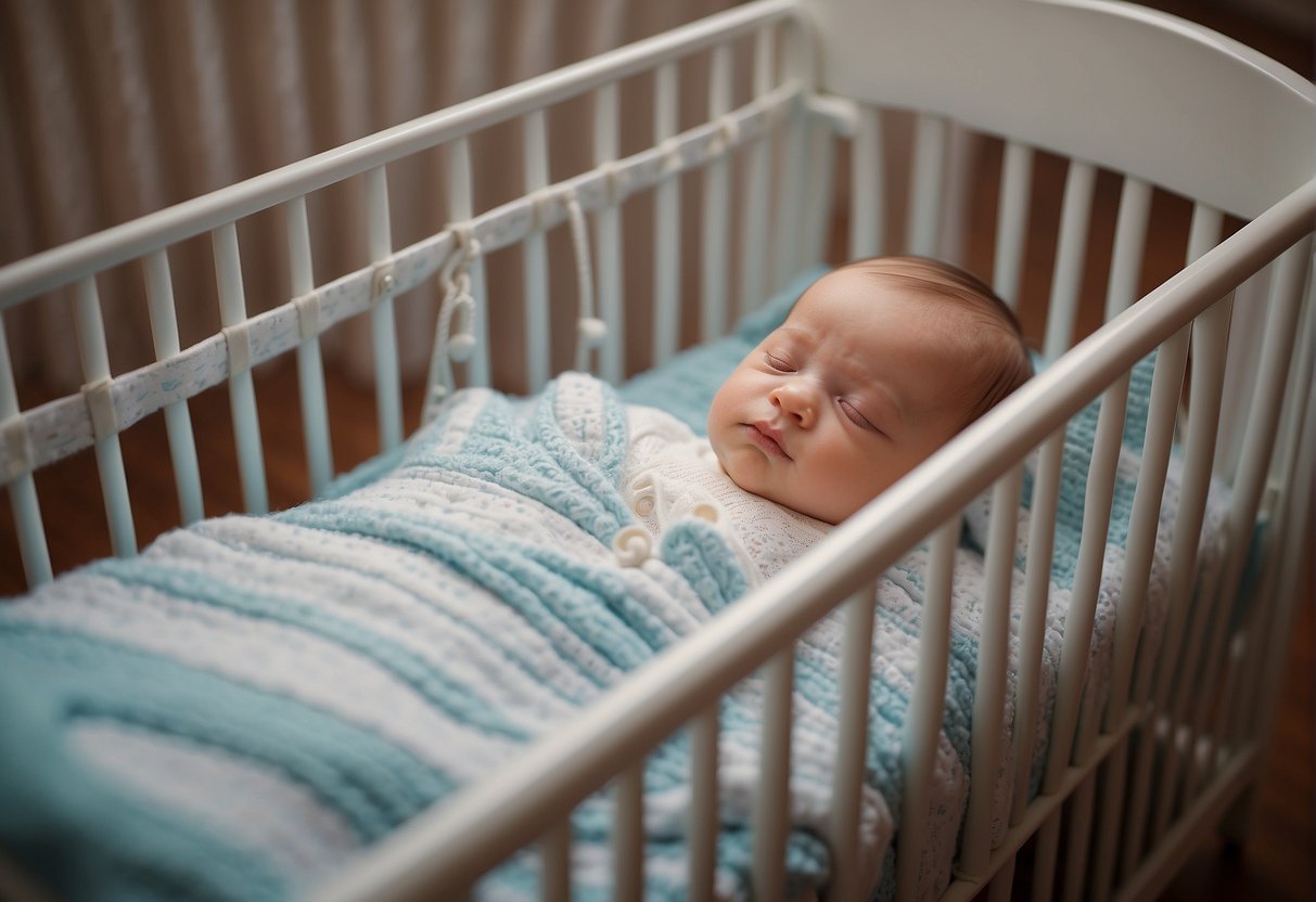 A crib with evenly spaced vertical bars, meeting safety regulations for infant sleep environments