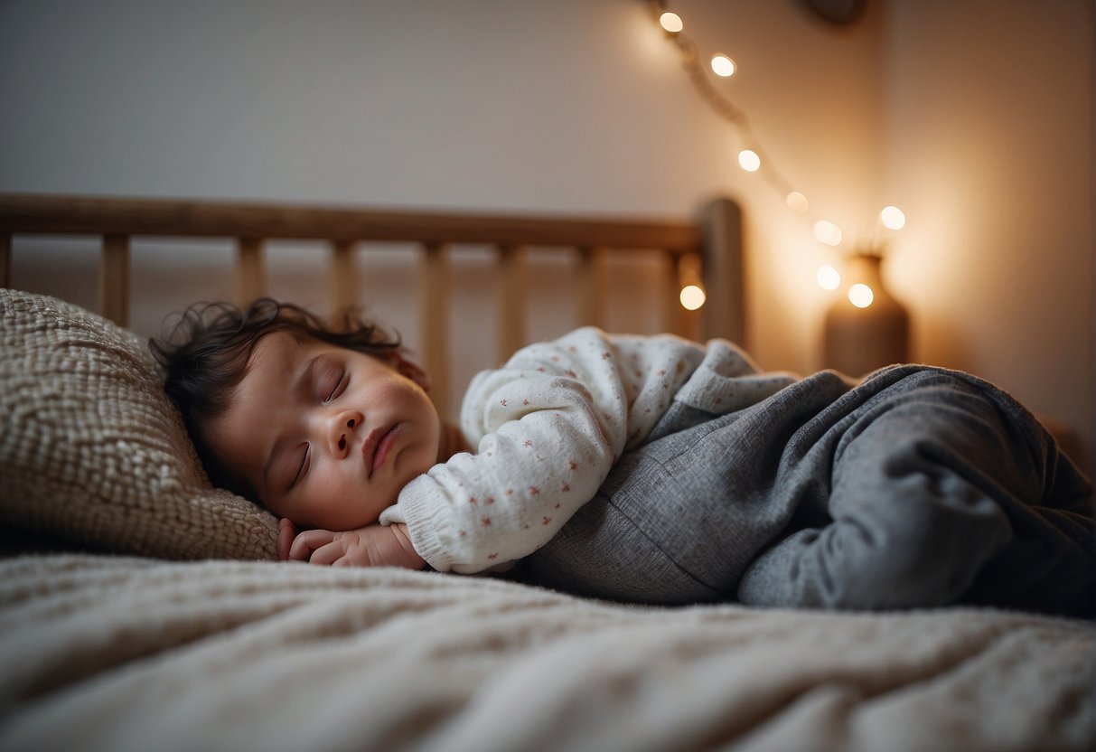 A child peacefully sleeps on a low, open floor bed while another child rests in a traditional crib. The room is calm and inviting, with natural materials and soft lighting
