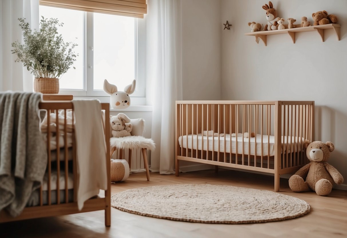 A traditional crib with slatted sides and a drop-down front sits in a cozy nursery, surrounded by soft blankets and stuffed animals. A Montessori floor bed, low to the ground with a simple mattress, is placed in a minimalist-style room with