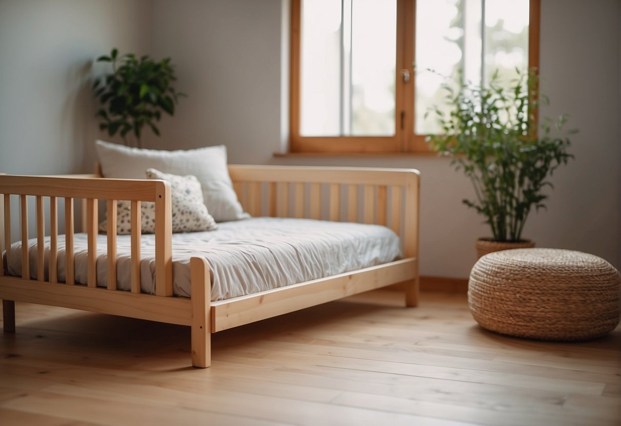 A Montessori floor bed sits low to the ground, with a simple wooden frame and a soft mattress. A crib is taller, with slatted sides and a higher mattress level