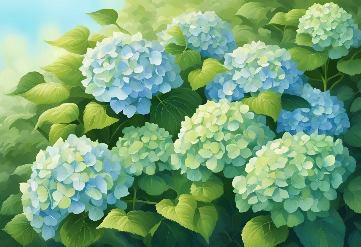 Lush green hydrangeas, once vibrant blue or pink, now turning a pale shade of green, under the bright sunlight in a well-tended garden