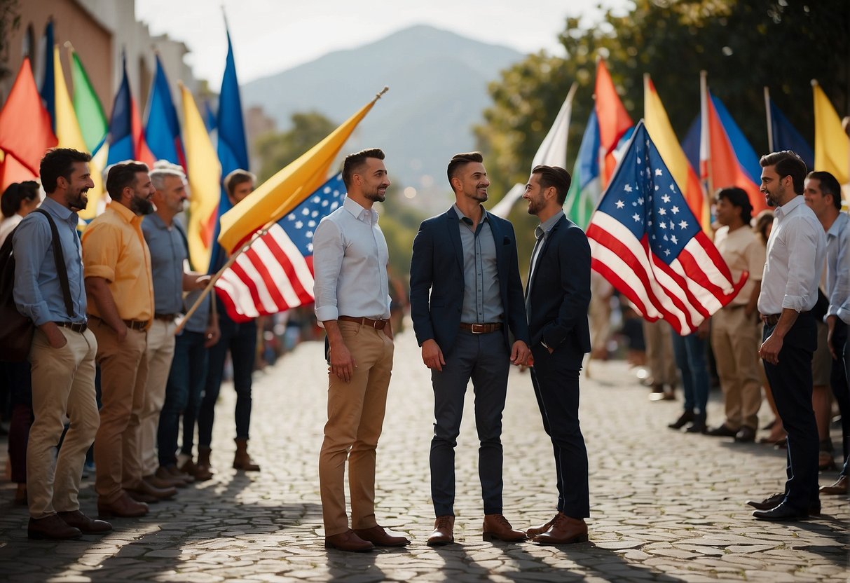 Two groups stand on opposite sides, each holding a different colored flag. They appear to be discussing and debating with passionate gestures