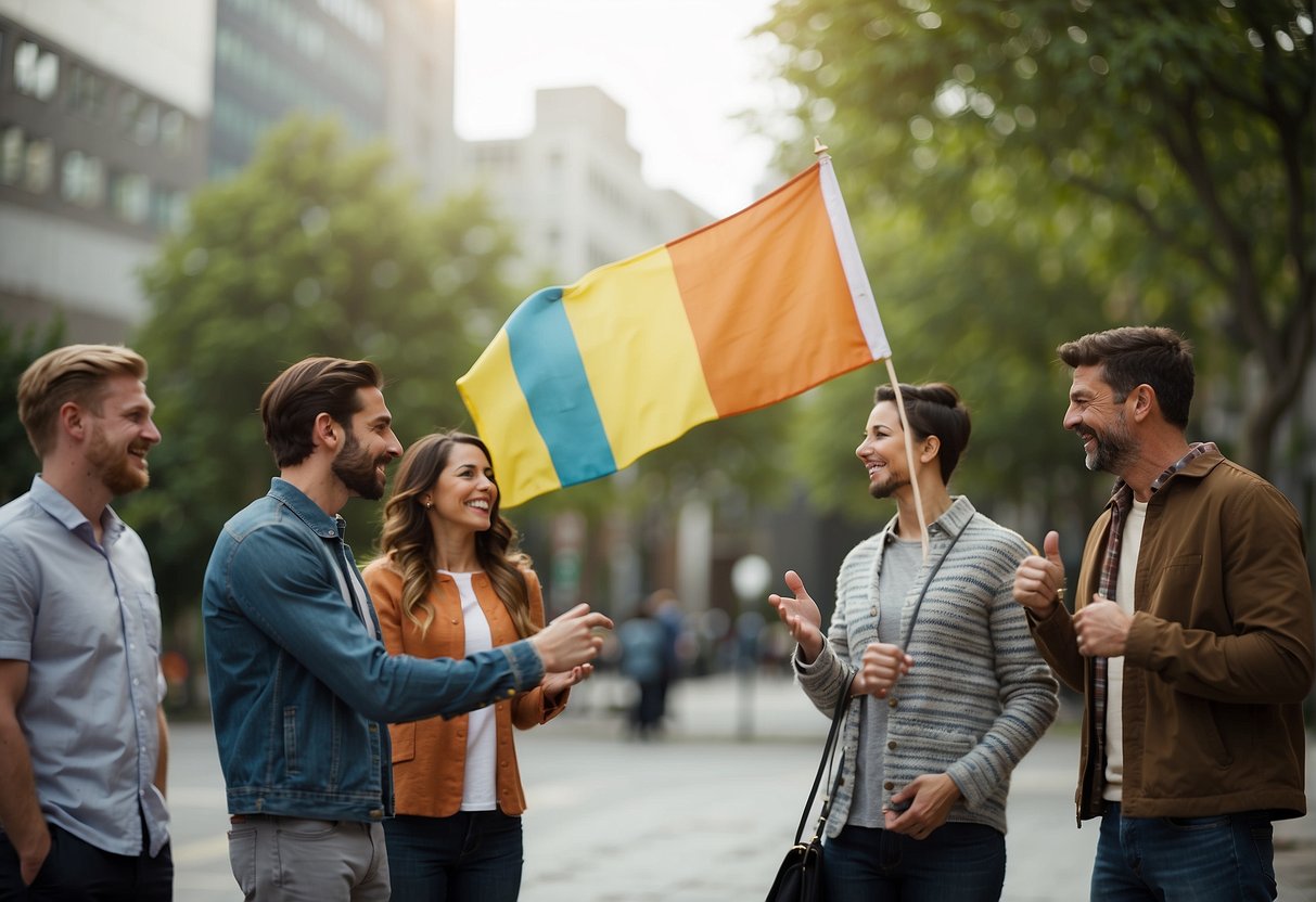 A group of people stand on opposite sides, each holding a different colored flag. They appear to be engaged in a friendly debate, gesturing and talking passionately