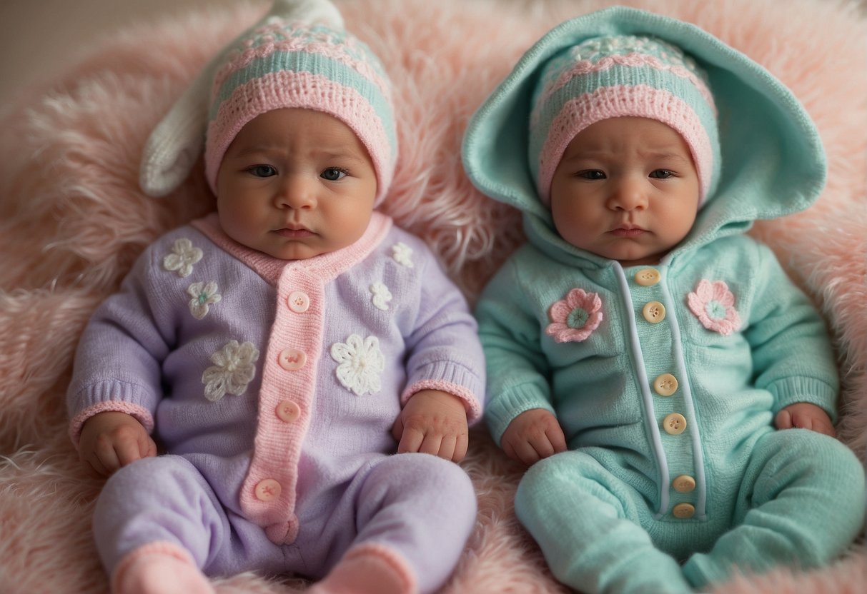A tiny preemie outfit sits next to a larger newborn outfit, showcasing the size difference between the two. The preemie outfit appears significantly smaller, emphasizing the need for specialized clothing for premature babies