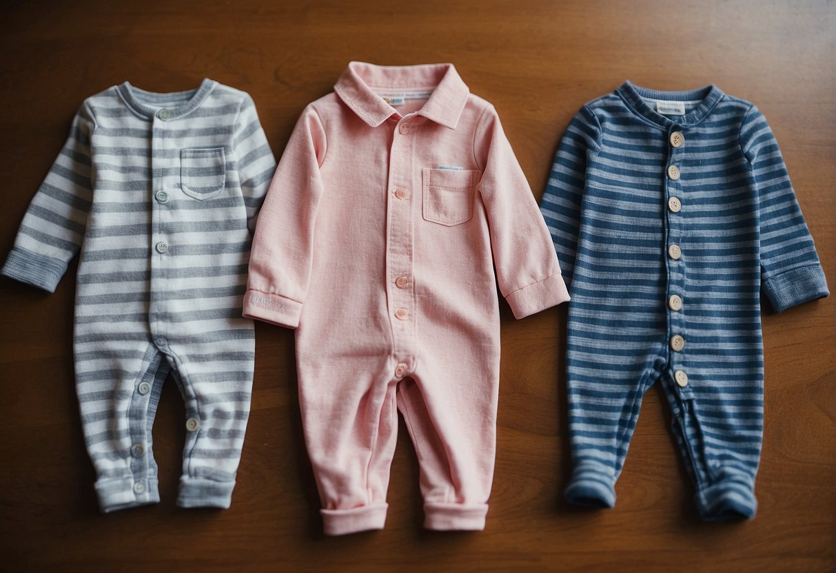 A table with two sets of clothing: tiny preemie outfits and standard newborn sizes, side by side for comparison