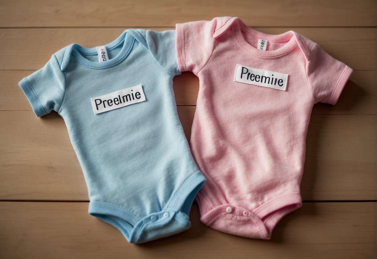 A tiny preemie onesie next to a standard newborn onesie, showing the size difference. Labels indicate "Preemie" and "Newborn."
