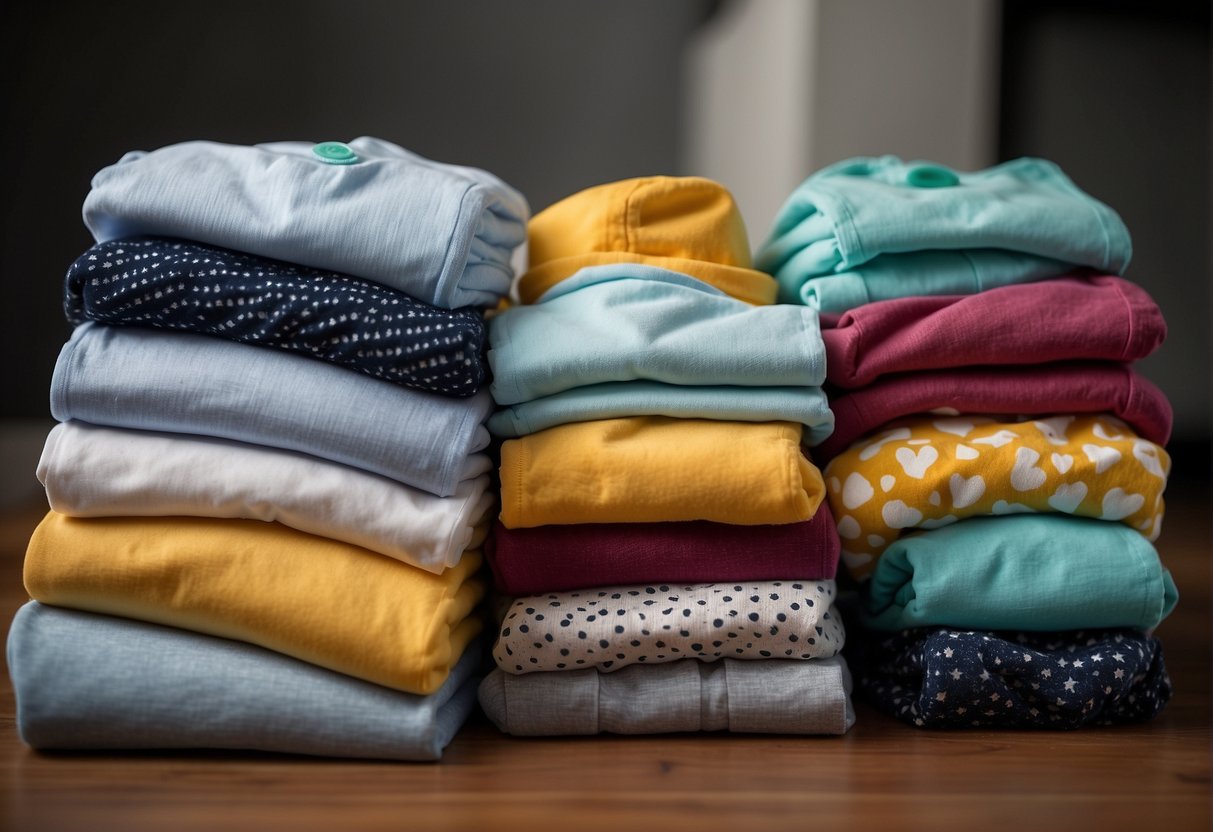 A pile of tiny onesies, booties, and hats next to a stack of larger toddler shirts and pants. The contrast in size shows the difference between clothing for a 1-month-old baby and a 12-month-old baby