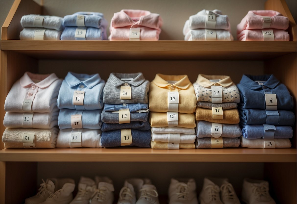 A stack of baby clothing with labels showing "1T" and "12 months" sizes, arranged neatly on a shelf
