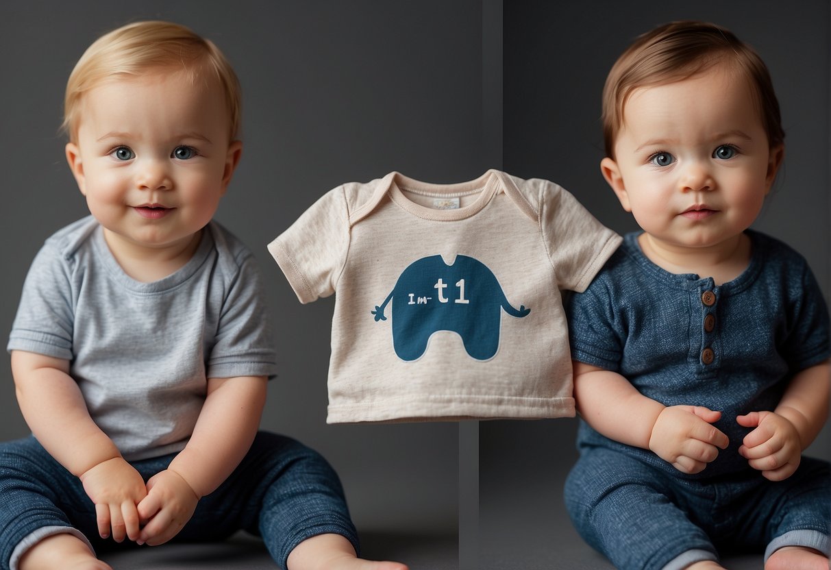 A side-by-side comparison of 1T and 12-month baby clothes, showcasing the size and style differences. The 1T clothes appear larger and more mature, while the 12-month clothes are smaller and more baby-like