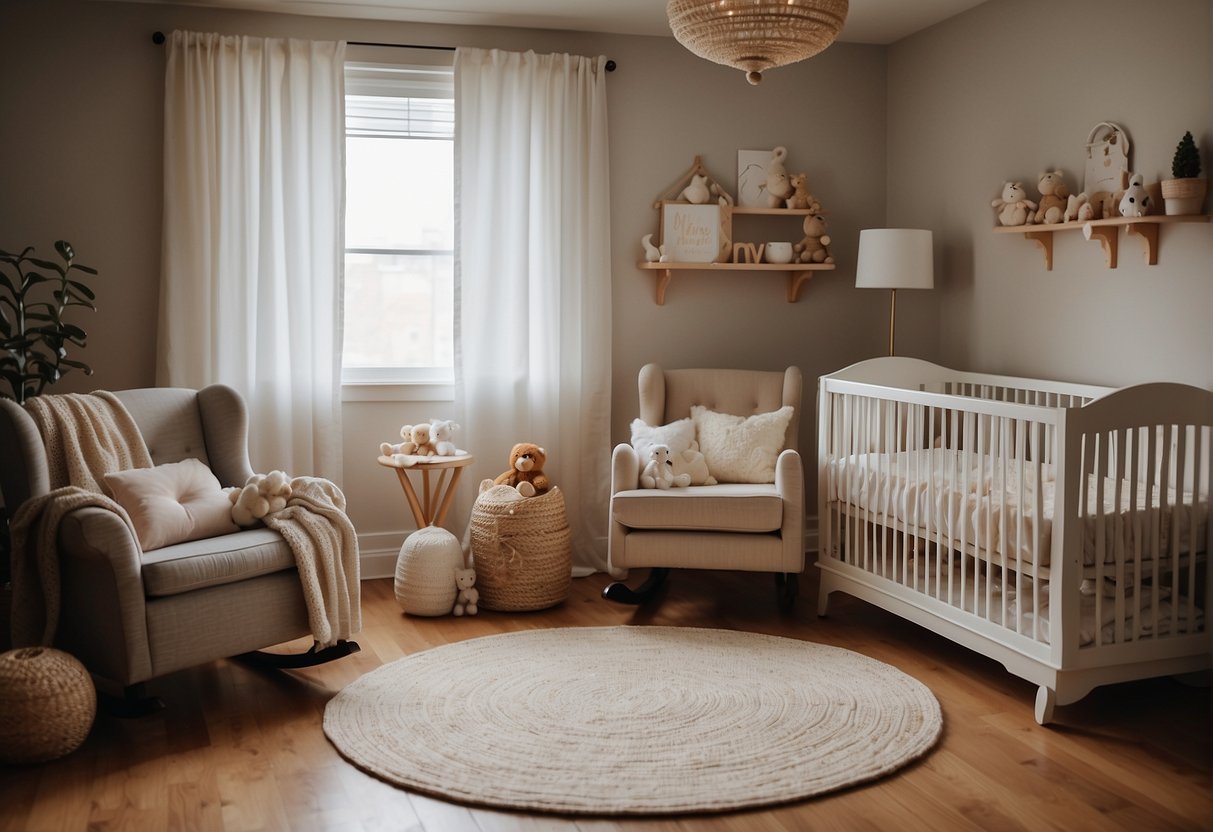 A cozy nursery with a rocking bassinet, a convertible crib, and a hanging cradle. Soft blankets and toys are scattered around the room