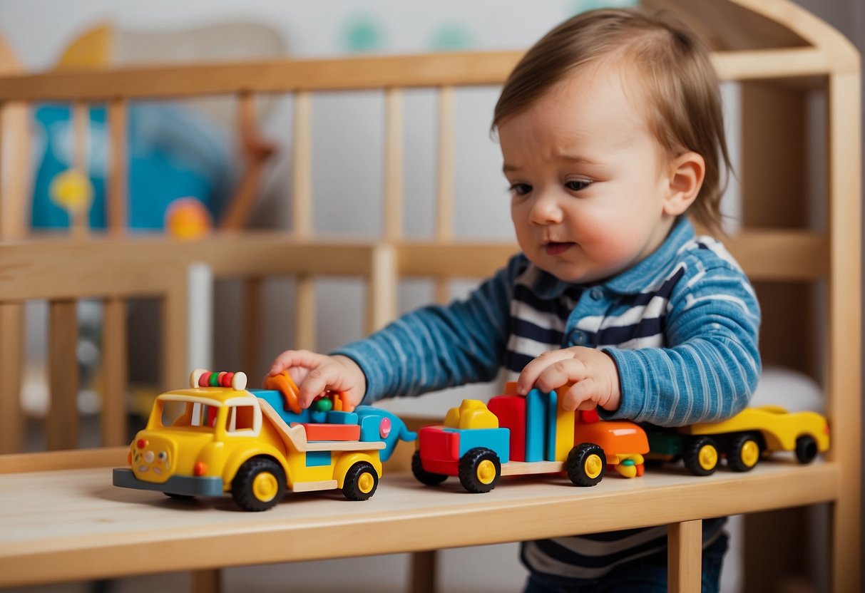 A toddler reaching for a low shelf with toys, while a parent removes the side of a crib to convert it into a toddler bed