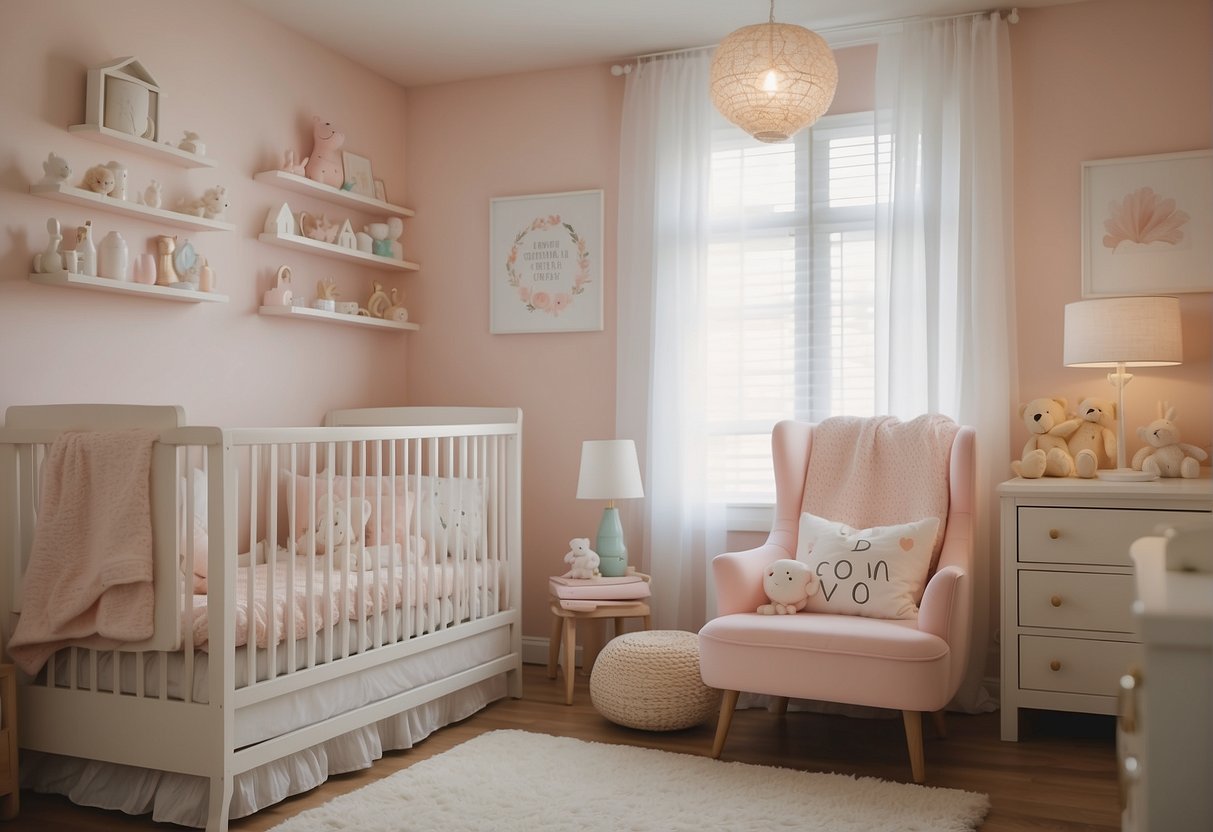 A cozy nursery with convertible cribs transforming into toddler beds, surrounded by shelves of baby essentials and soft, pastel-colored decor