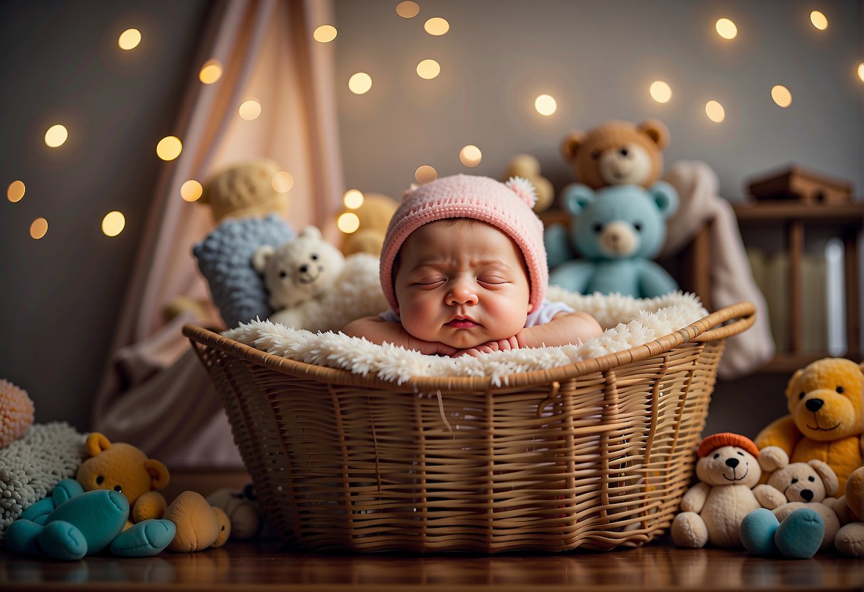 A baby sleeping in a cozy bassinet made from a repurposed laundry basket, surrounded by soft blankets and toys