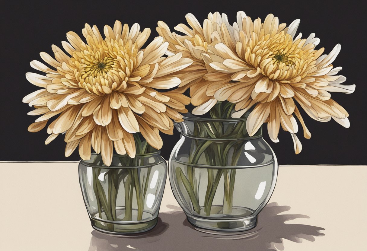 Two wilting chrysanthemums in a vase, their once vibrant petals now turning a dull shade of brown