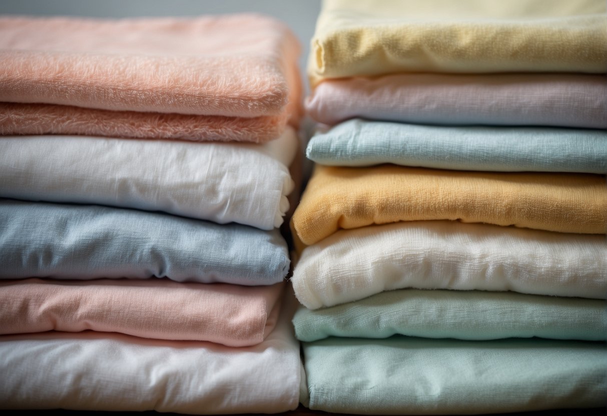 A scene showing a variety of soft, breathable fabrics in pastel colors for baby clothing. Different textures and patterns for ages 3-6 months and 6-9 months