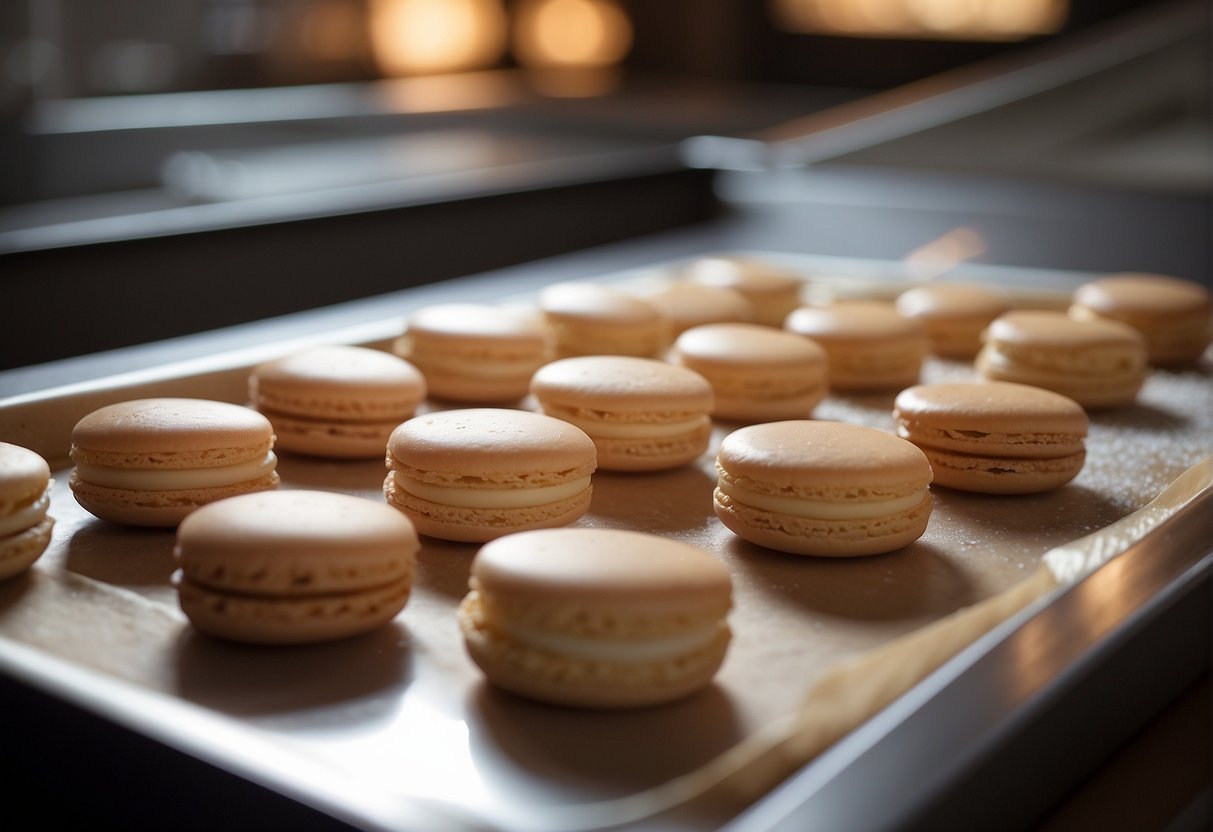 A clean, non-stick baking sheet is lined with parchment paper and ready for delicate macaron batter
