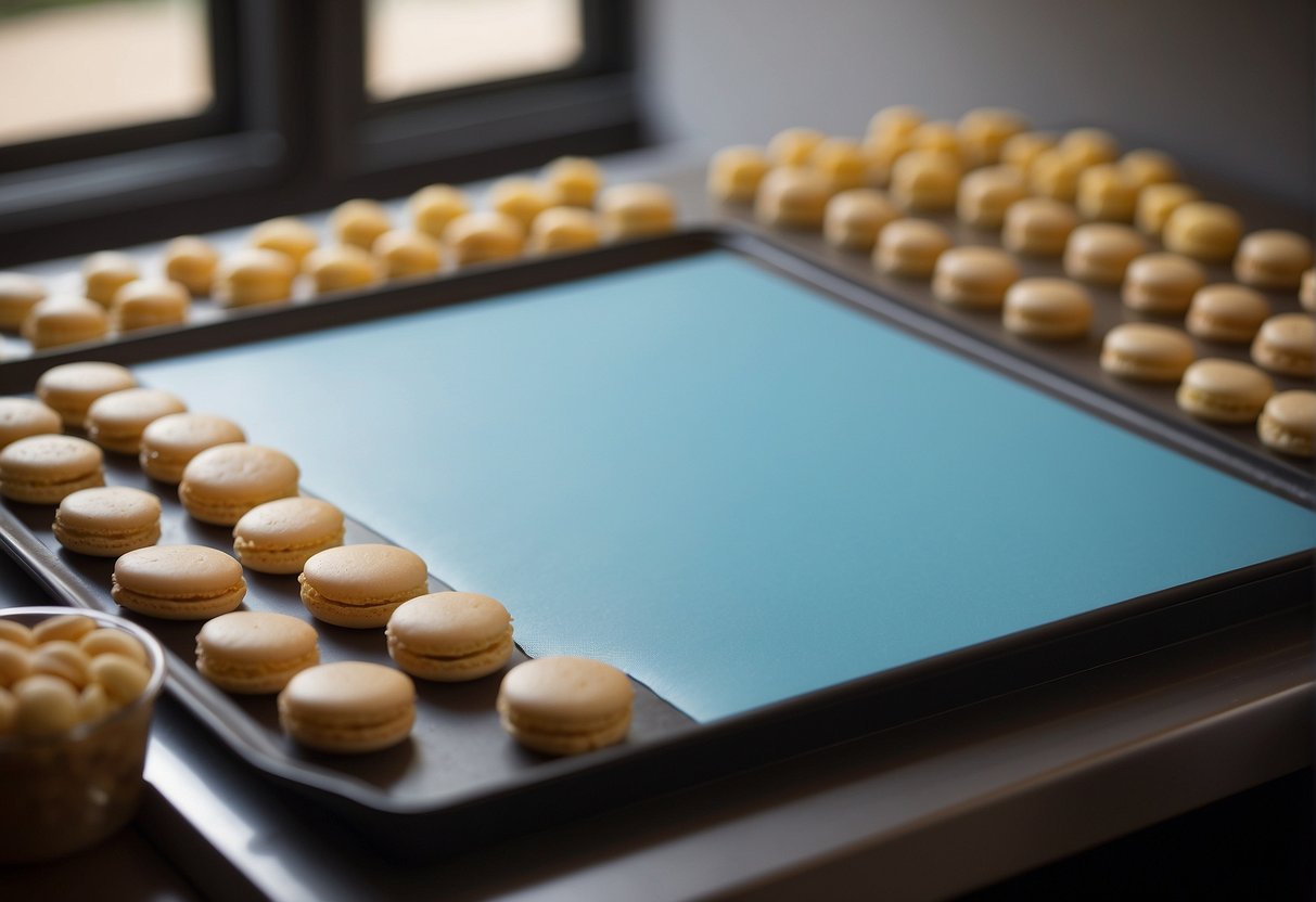 A silicone baking mat on a flat baking sheet, with evenly spaced macaron shells piped onto it, ready for baking