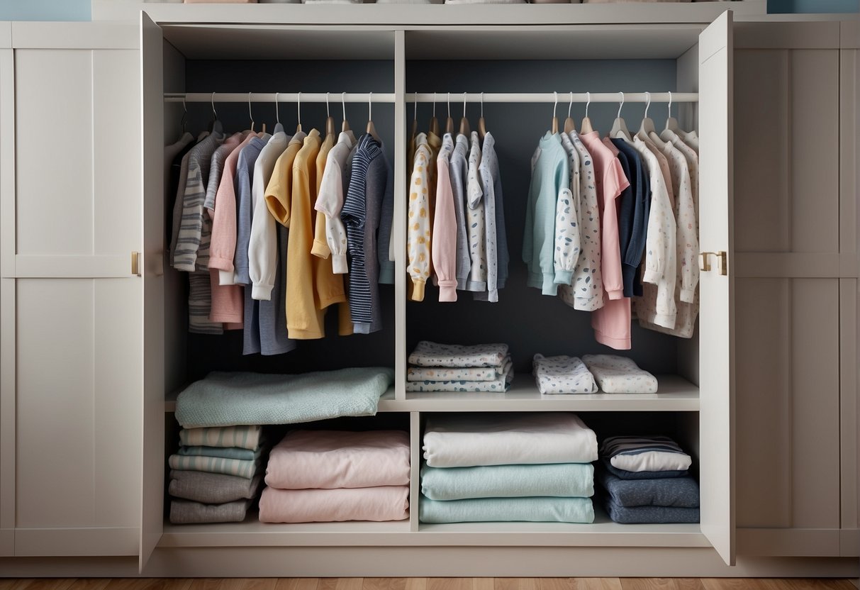 A closet with neatly organized baby clothes in three sections: 6-9 months, 9-12 months, and 6-12 months. Each section has a variety of onesies, pajamas, and outfits, with different colors and patterns