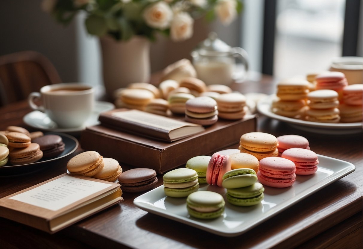 A table with various baking sheets, a tray of macarons, and a stack of recipe books