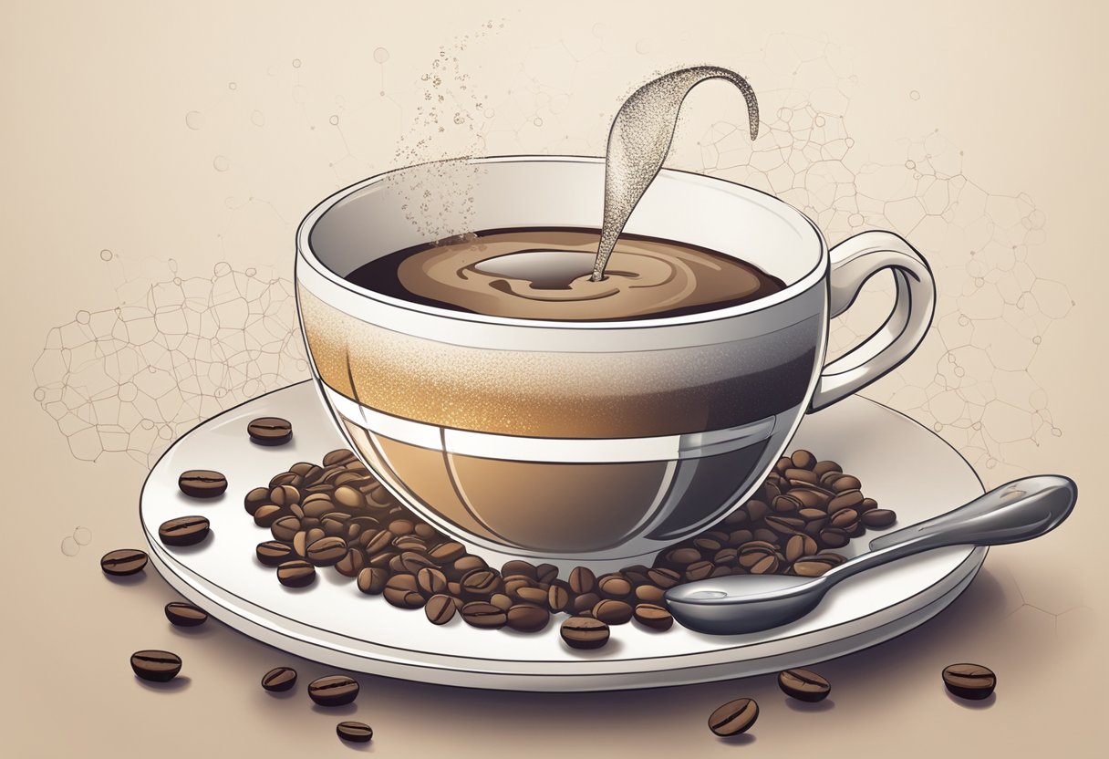A steaming cup of coffee sits on a table, surrounded by scattered coffee beans and a measuring spoon. A caffeine molecule diagram hovers above the cup