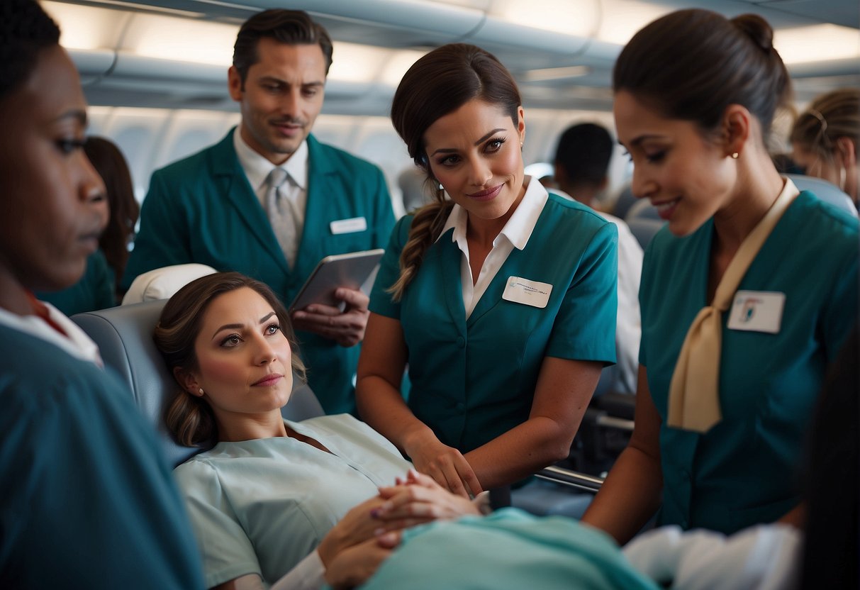 A crowded airplane cabin with a sense of urgency as flight attendants and passengers gather around a woman in labor, with medical equipment and supplies being handed to the attendants
