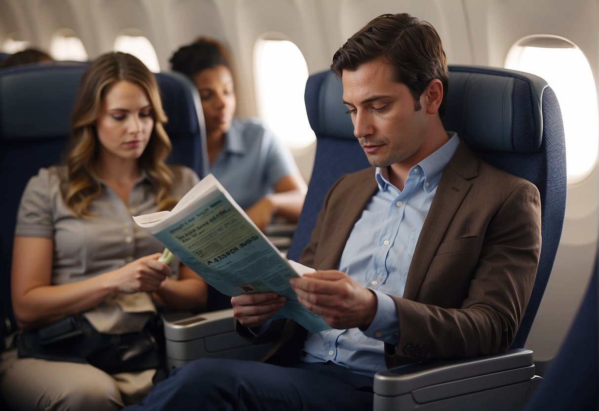 A pregnant passenger sits in an airplane seat, reading a pamphlet on airline policies. The flight attendants check on her, while other passengers glance curiously at her