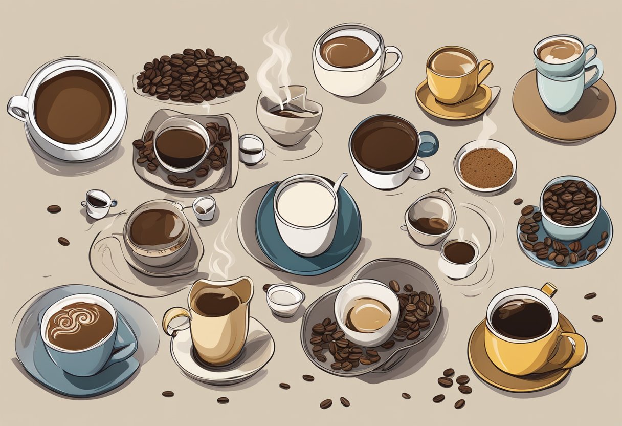 A table with various coffee types and their caffeine amounts displayed. Cups and saucers scattered around