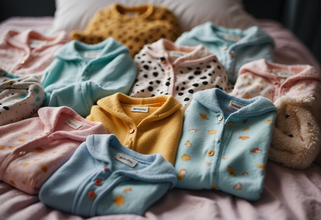 A pile of tiny onesies and sleepers, some with cute animal prints, scattered on a soft, pastel-colored blanket