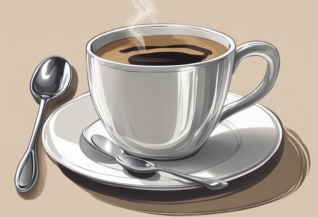 A steaming cup of coffee sits on a saucer, with a measuring spoon next to it. The label on the coffee bag indicates the caffeine content per serving size