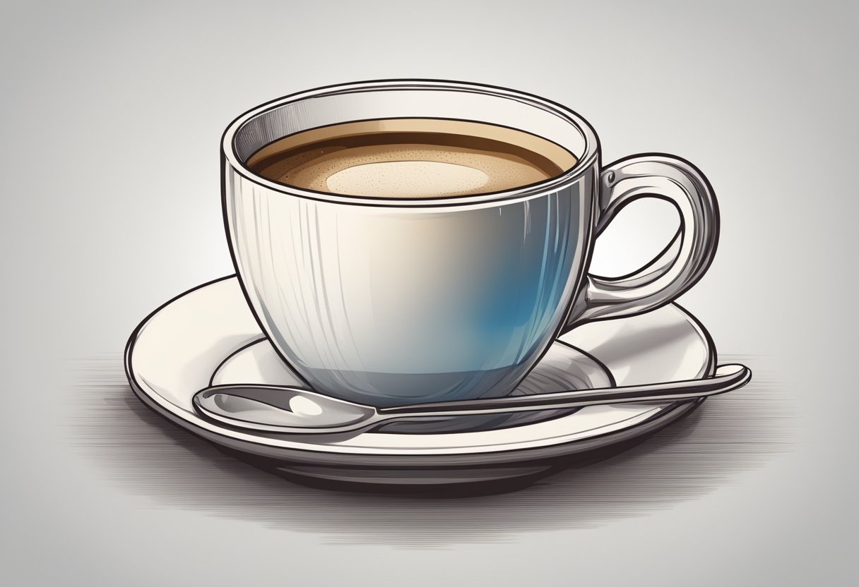 A steaming cup of coffee sits on a table, with a ruler measuring the liquid level. A label on the cup indicates the amount of caffeine present