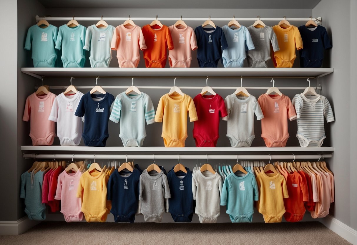 A neatly organized closet with tiny onesies, sleepers, and hats for newborns and infants up to 6 months old. Clothes are arranged by size and color, creating a visually appealing and practical display