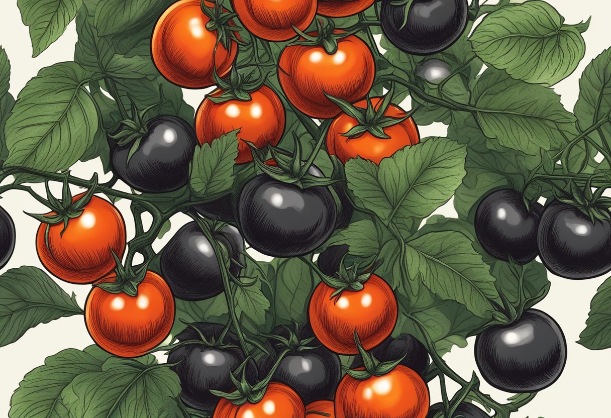 Ripe cherry tomatoes surrounded by dark, blackened ones on a vine