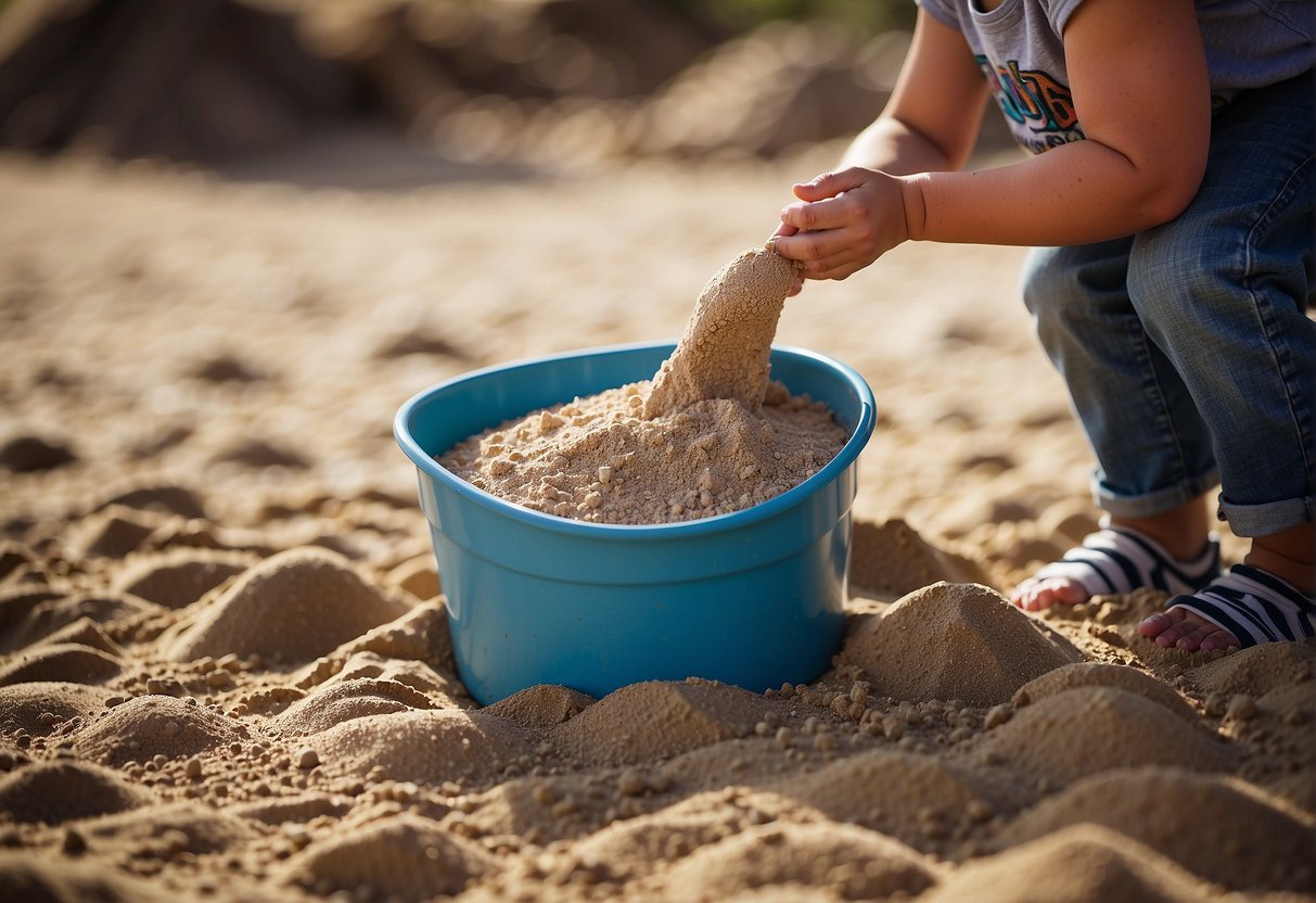 A child pours smooth, pale play sand from a bucket, contrasting with coarse, gritty regular sand from a nearby pile