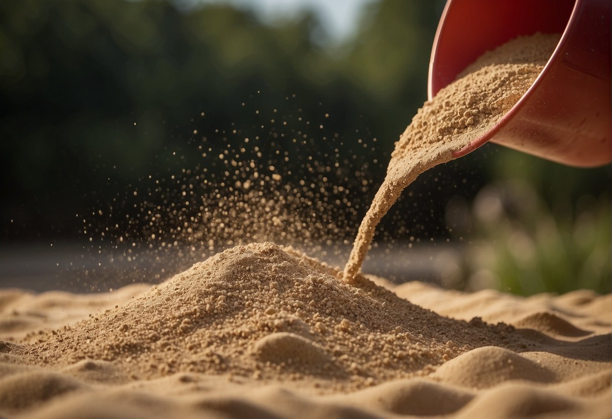 Play sand pours smoothly from a bucket, while regular sand clumps together. The play sand has a lighter, finer texture, while the regular sand is coarser and heavier