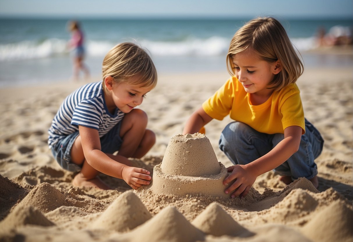 Children building sandcastles with play sand, while regular sand sits untouched. Play sand is smoother, easier to mold, and perfect for creative play