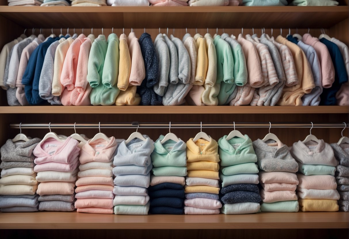 A pile of tiny, soft onesies and sleepers in various pastel colors and patterns, neatly folded and stacked on a shelf, with a ruler nearby for size comparison