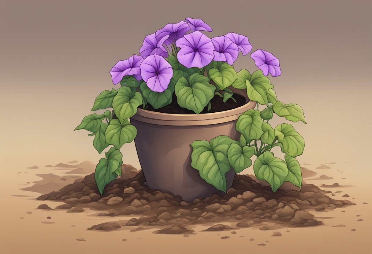 A wilted petunia plant sits in a pot, surrounded by dry soil and drooping leaves