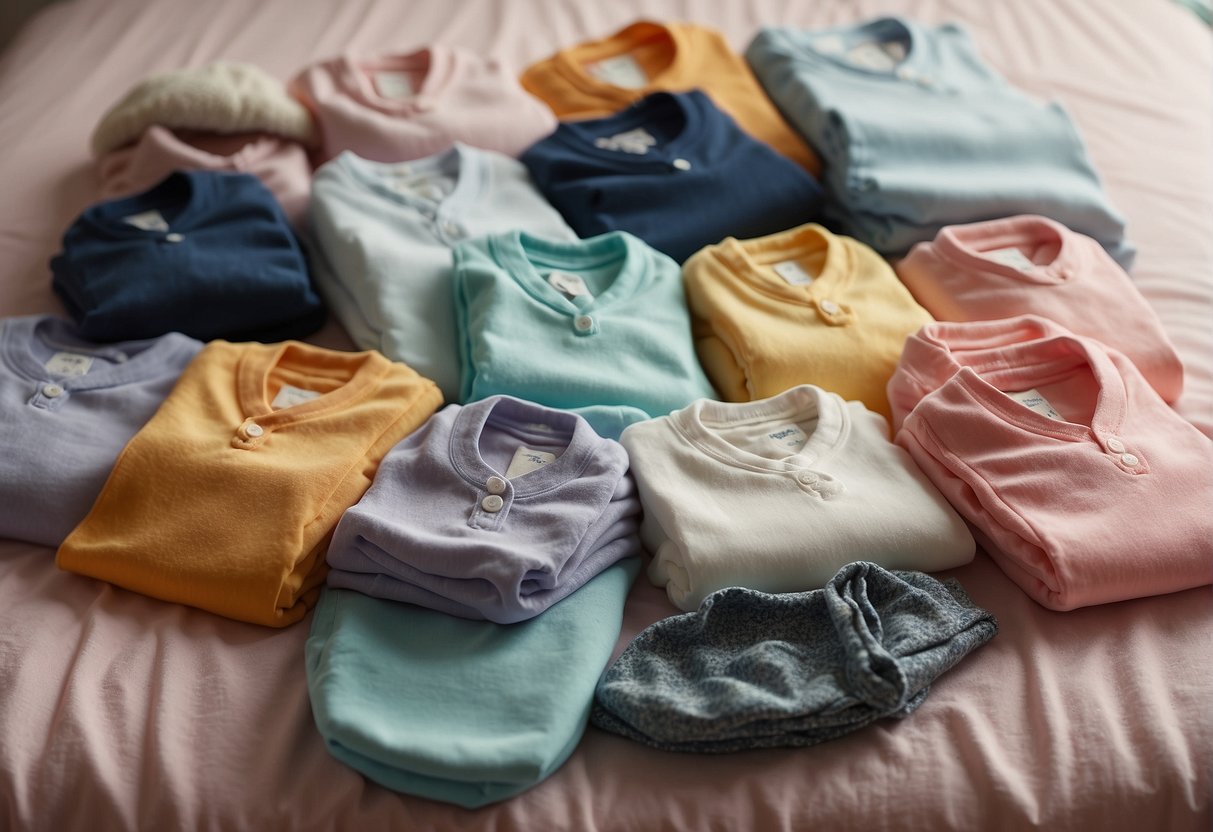 A pile of tiny onesies, sleepers, and hats in various sizes, neatly folded and arranged on a soft, pastel-colored blanket